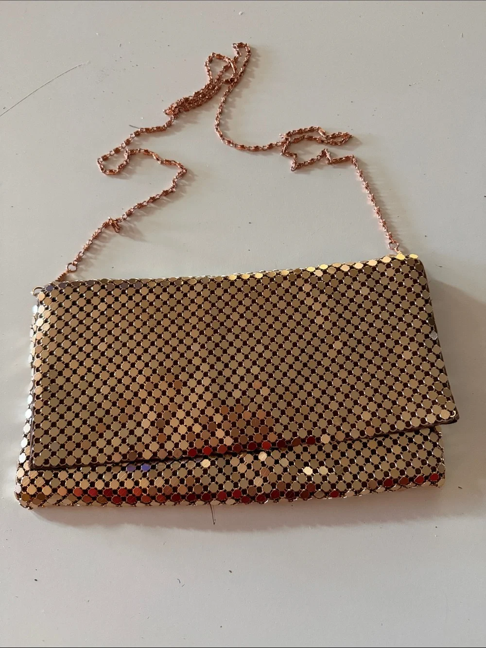 Kate Landry Rosegold mesh metal evening clutch. Removable chain strap.
